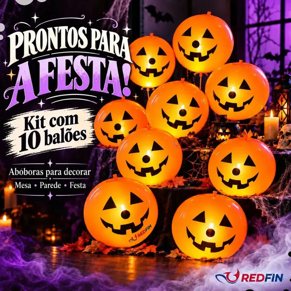 Kit 10 Balões De Abóbora Halloween Com Led Bexigas Iluminadas Para Decoração De Festa Mesa Parede E Ambiente Temático Dia Das Bruxas Para Pendurar Enfeite Laranja Redfin - 1