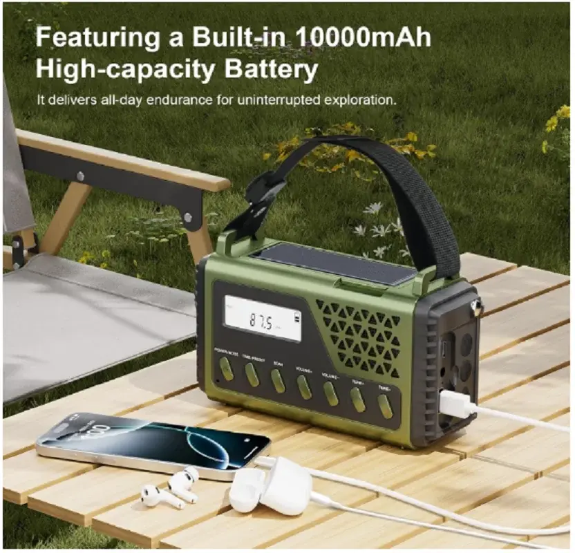 Rádio de Emergência com Power Bank de 10000mAh, AM/FM/SW, Caixa de Som Bluetooth, Carregamento por Manivela e Solar, Rádio para Desastres