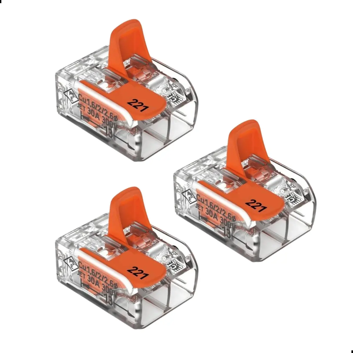 Kit 3 Conectores 221-612 2 Vias 6mm² Chuveiro Tomada Caixa Pass. CAGE CLAMP