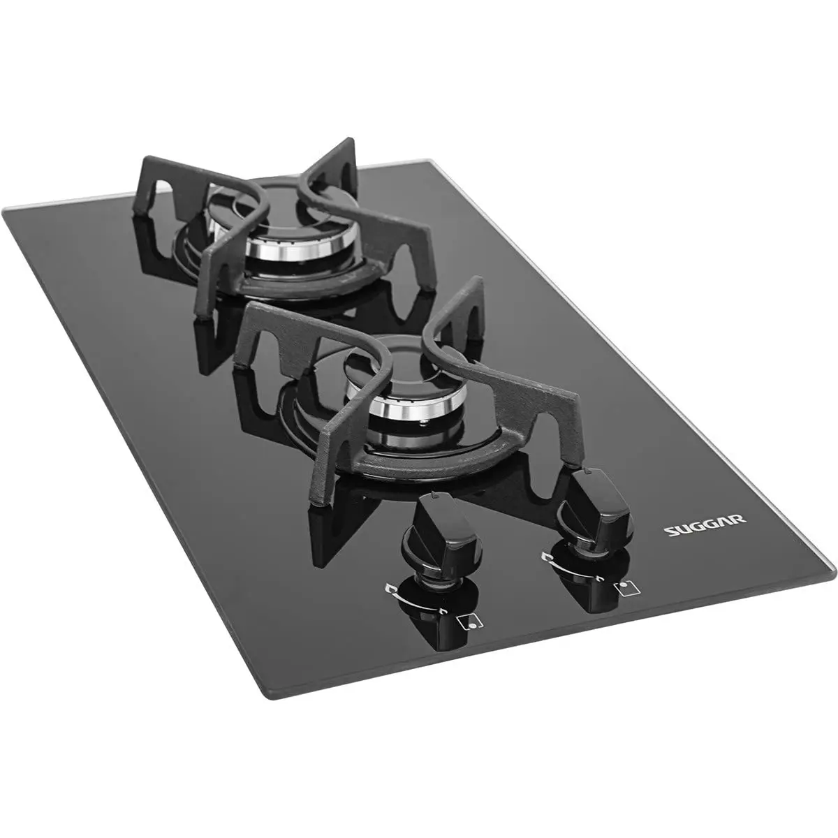 SUGGAR COOKTOP VIDRO PRETO 2 QUEIMADORES ESMALTADOS DIFERENTES TAMANHOS TREMPES FERRO FUNDIDO FG2002FVP