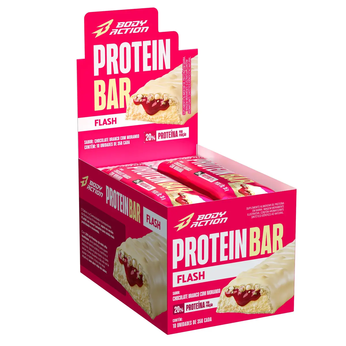Barra de Proteína Snacks Protein Bar Flash 35g 10 Unids Bodyaction (Chocolate Branco com Morango)
