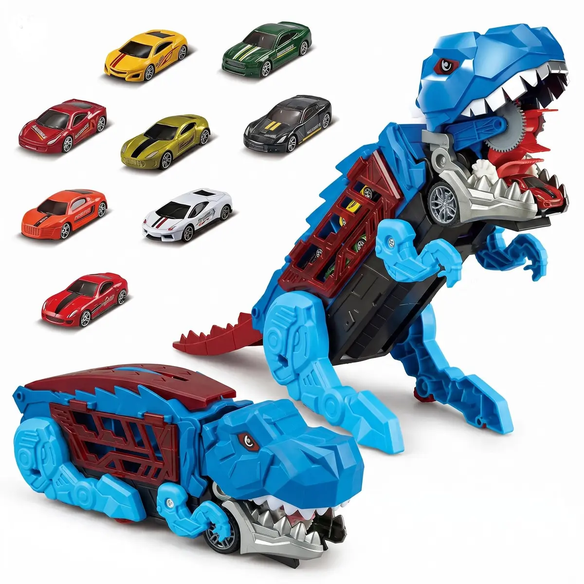 Caminhão Dinossauro SAGULA Brinquedo 2 em 1: Maleta Organizadora de Carrinhos com Pista e Lançador Integrado, Alça de Transporte, Presente para Meninos e Meninas (AZUL CLARO)