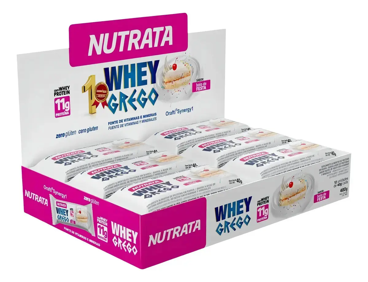 Whey Grego Bar (caixa 12 Unidades) - Nutrata Barra Proteina Sabor Bolo de festa - 1