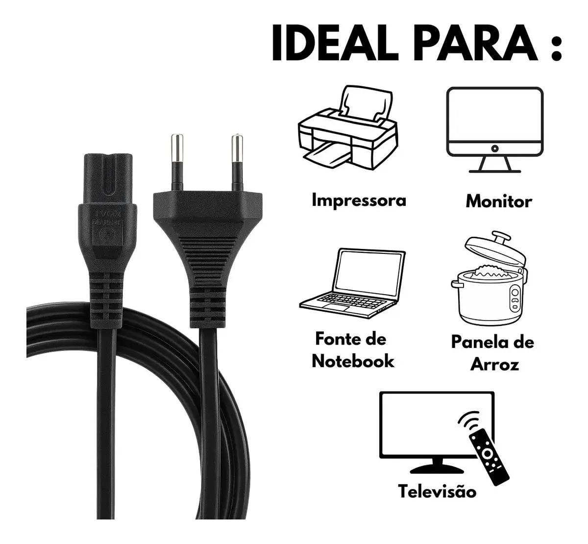Cabo de Energia Força para Smart Tv Samsung Lg Philco Tcl Monitor Ps3 Ps4 Ps5 Impressora JBL BOMBOX Rádio Caixa de Som Tipo 8 Bivolt 127/220V - Tech 022 thumbnail 3