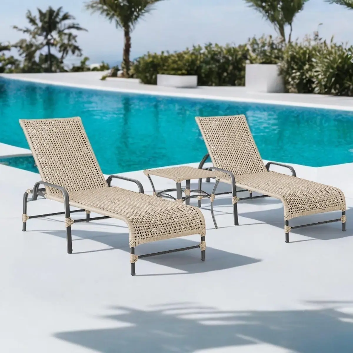 Kit 2 Espreguiçadeiras Corda Náutica e Mesa Garden em Alumínio para Piscina Edícula Catar Bege - 1