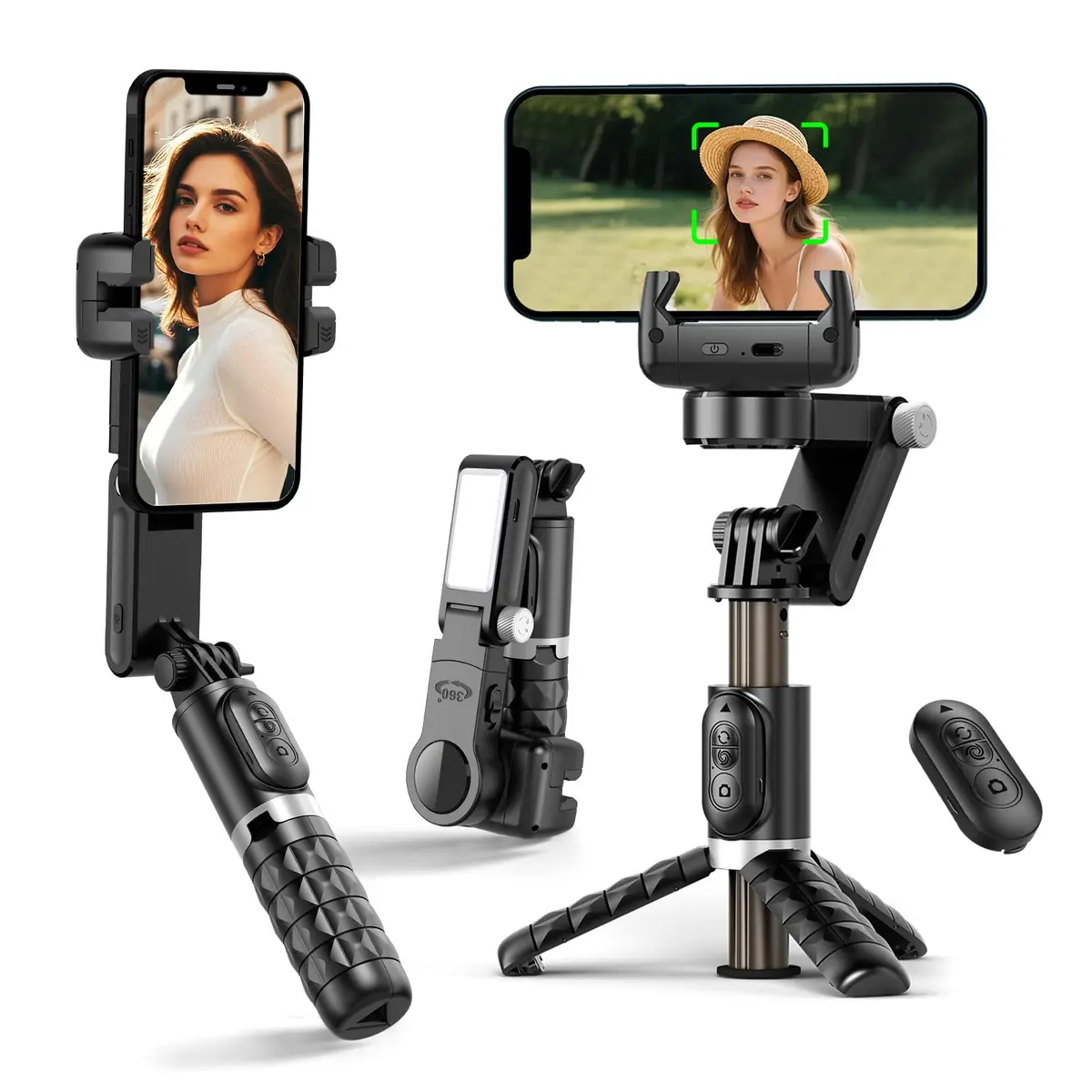 Estabilizador para Selfies de Celular, Estabilizador de Dois Eixos com Luz de Preenchimento e Rotação Automática de 360°, Tripé com Controle Remoto sem Fio para Android e iPhone