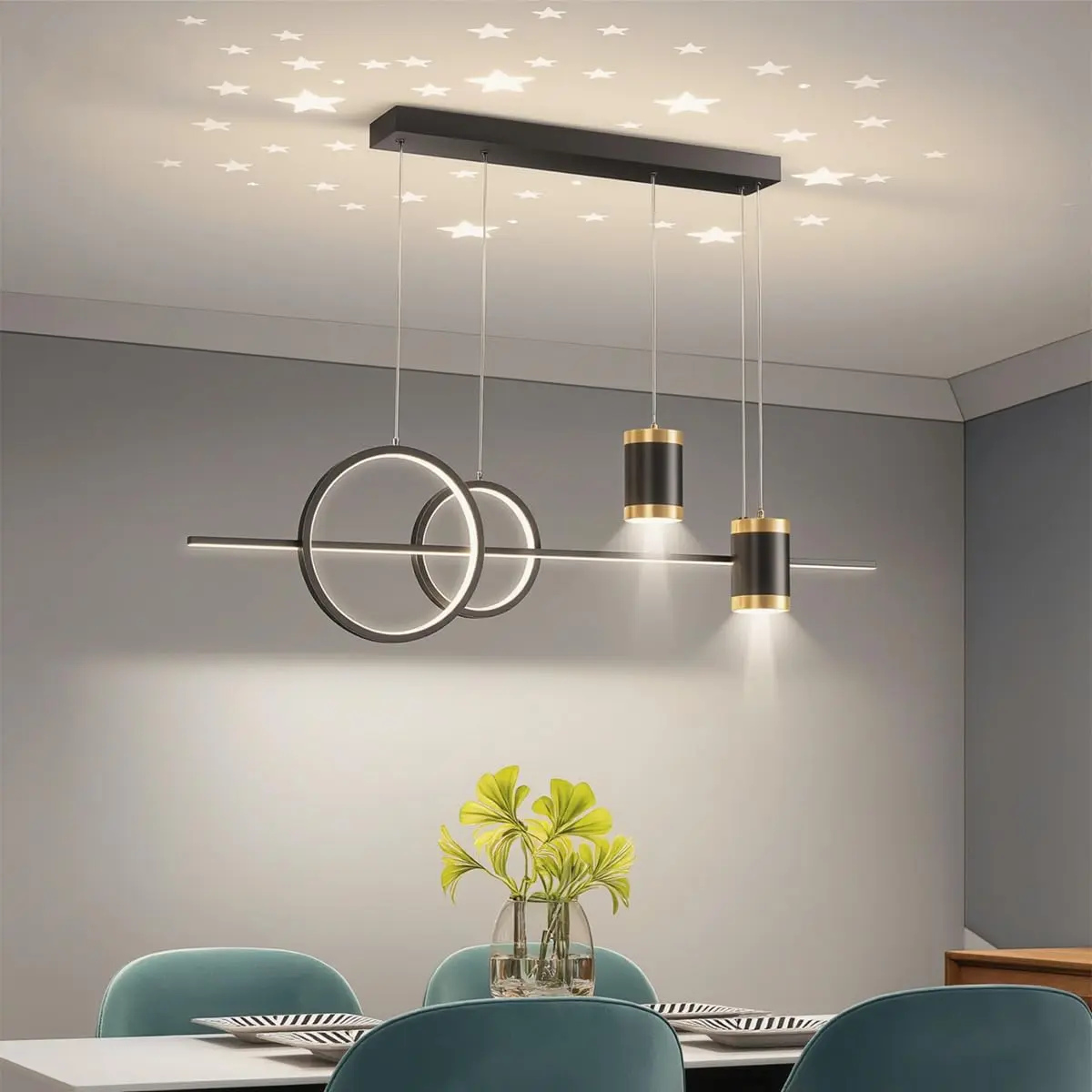 Lustre de Mesa de Jantar LED – Luz Pendente Linear Regulável com Projeção de Estrela, 85V-220V(Preto) - 1