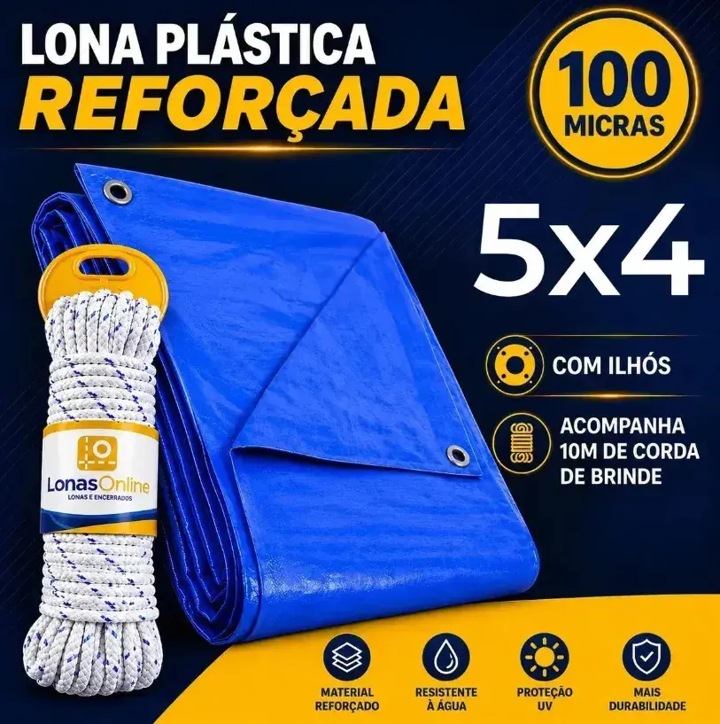 Lona Plástica Azul 5x4 Com Corda Impermeável Reforçada