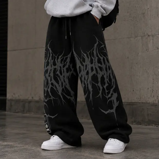 Calça Wide Leg Baggy Barra Reta Streetwear Ganley Treino Peluciada Darkness Gótica Dark Punk Tribal