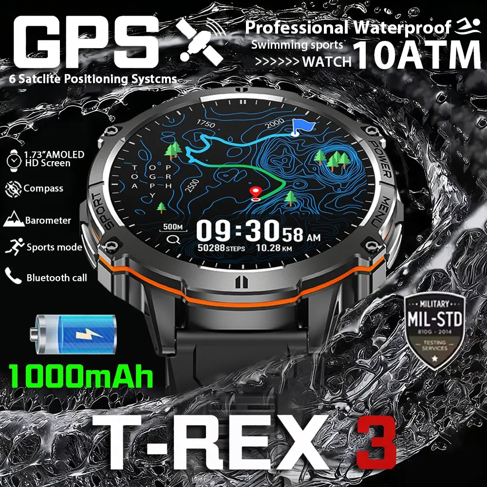 T-rex 3 grau militar 1000mah bateria relógio inteligente 10atm à prova dwaterproof água gps bússola altímetro chamada amoled masculino nadar esportes smartwatch - 1