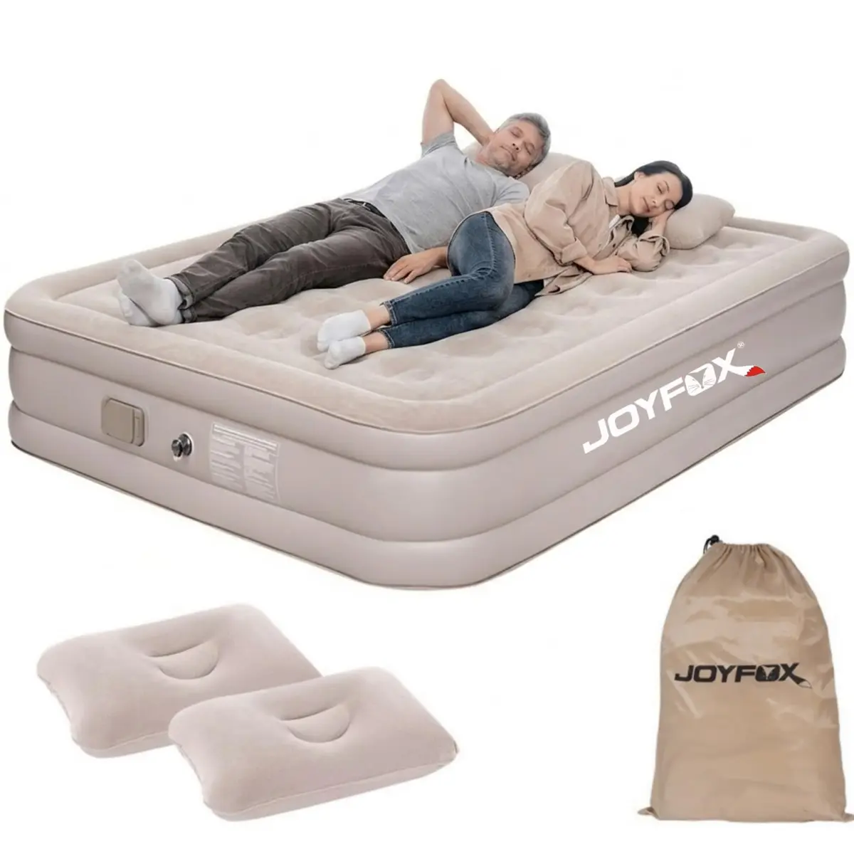 JOYFOX Colchão Inflável Queen Size com Bomba Elétrica Sem Fio e Removível, Autoinflável em 3 Minutos, Camada de Veludo Impermeável e Base Antiderrapante, Suporta 300kg, Ideal para Camping e Convidados