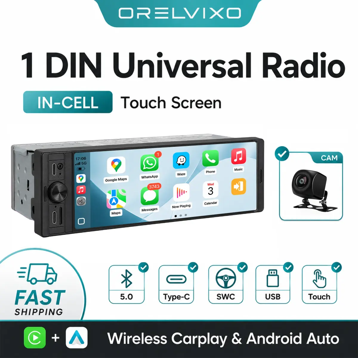 Rádio Automotivo 1 DIN 6.36" Tela Touch 1280x480 Wireless CarPlay Android Auto FM Player Multimídia MP5 Estéreo para Carro