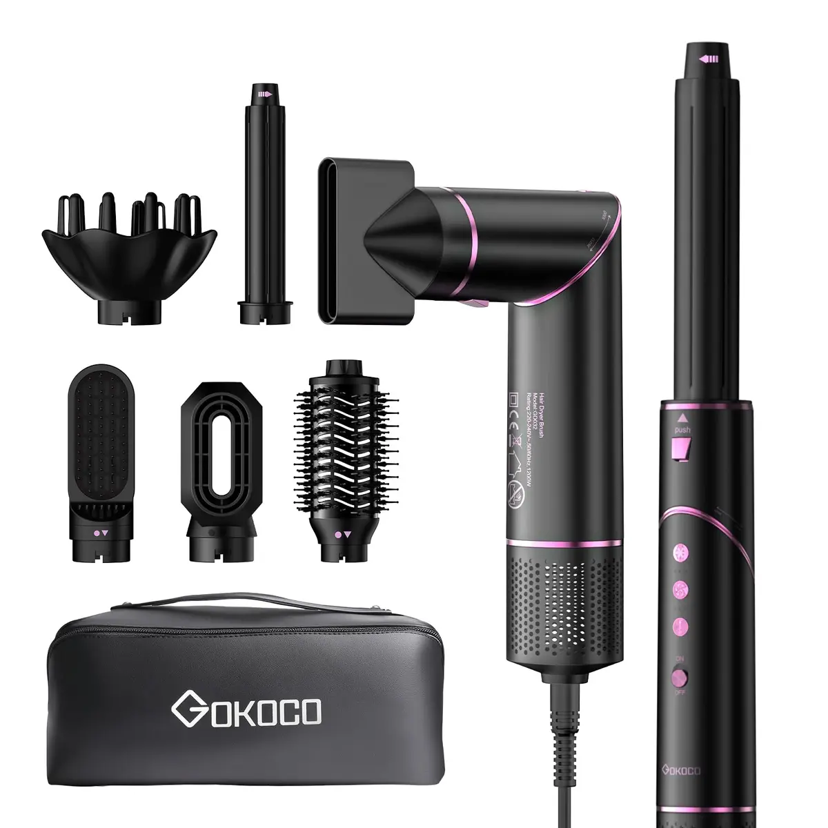 GOKOCO Escova Secador de Cabelo 220v 7 em 1 - Incluso 2x Bocal, Difusor, Escova Secadora, 2x Modelador de Cachos, Alisador para Alta Velocidade Para Secar, Alisar e Enrolar, GD032 220v Preto