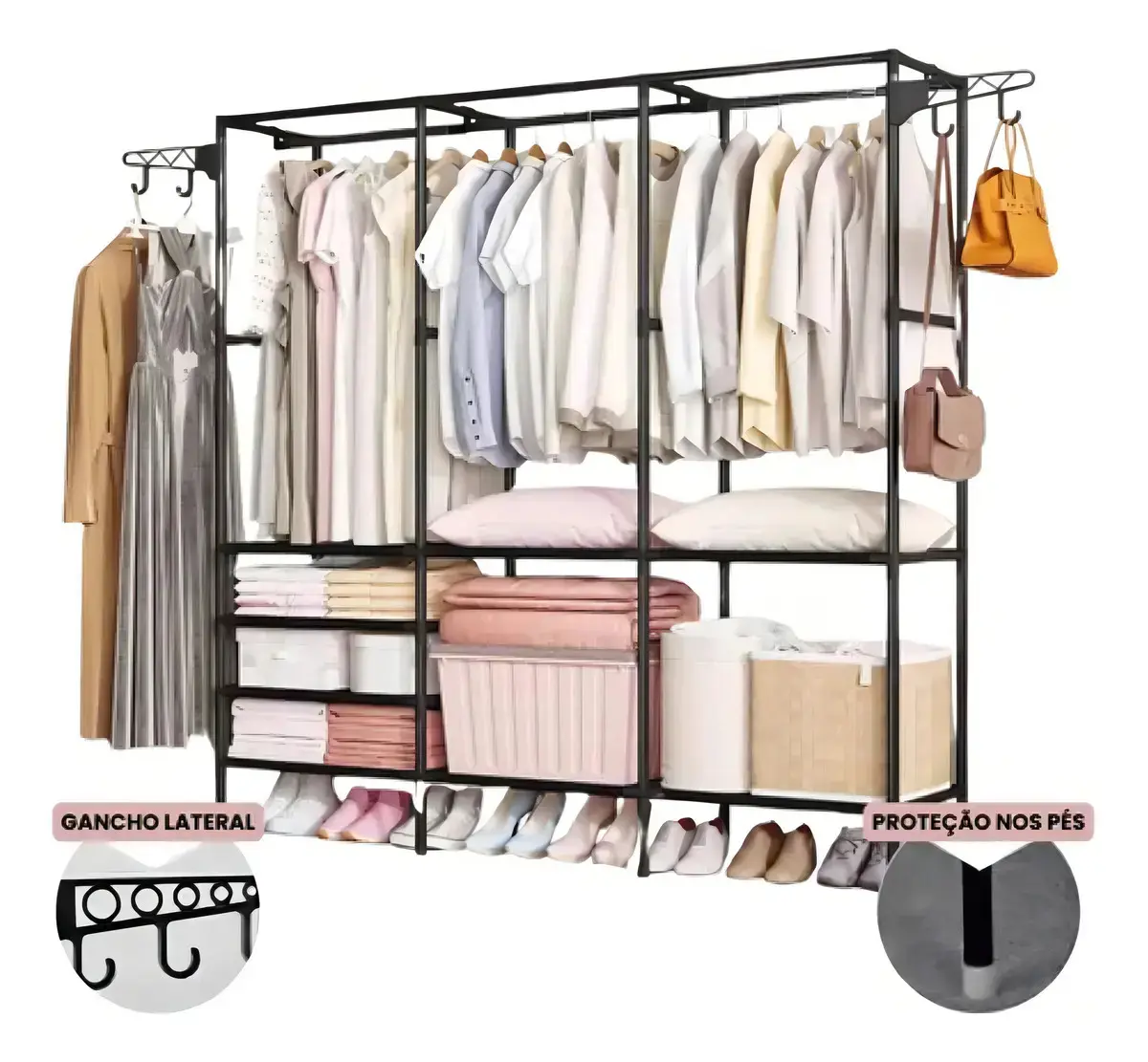 Cabideiro Arara Closet Roupas Sapateira Triplo Cor Preto thumbnail 6