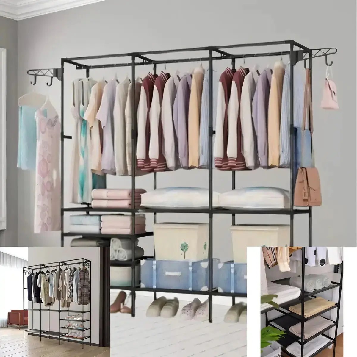 Cabideiro Arara Closet Roupas Sapateira Triplo Cor Preto thumbnail 8