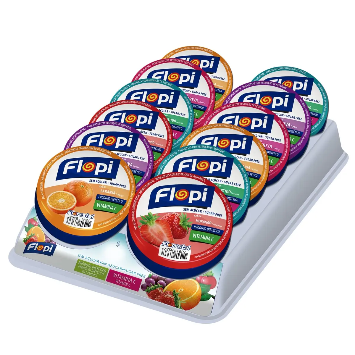 Bala Flopi Latinha Zero Açúcar Florestal contendo 12 latinhas de sabores sortidos