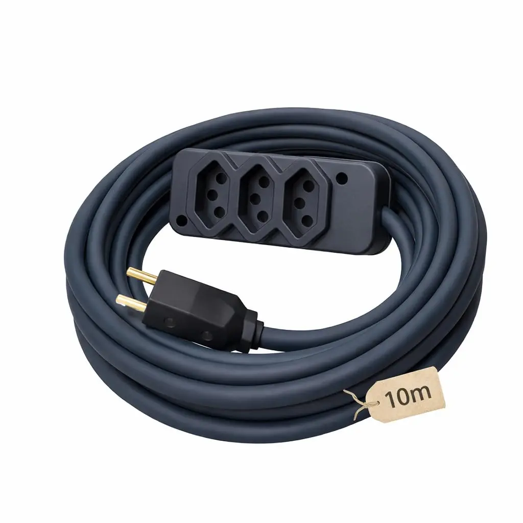 Extensão Elétrica Profissional Reforçada 10 Metros, 3 Tomadas 10A /20A, Cabo PP 2x2,50mm, Bivolt 250V, Preto, Uso Profissional e Residencial - 10m