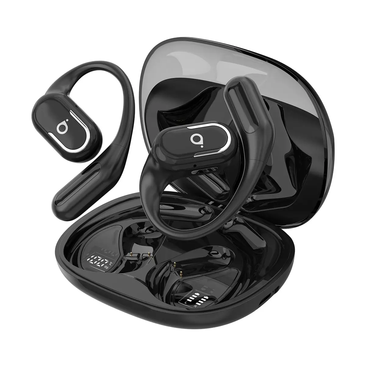 Fone De Ouvido Bluetooth Esportes, Basike T7, IPX6/OWS, Tela LED Dupla, Fone de Ouvido Aberto Estéreo Hi-Fi, Suporta Chamadas de Voz, 60 Horas em Standby Para Corrida e Exercícios ao Ar Livre (Preto)