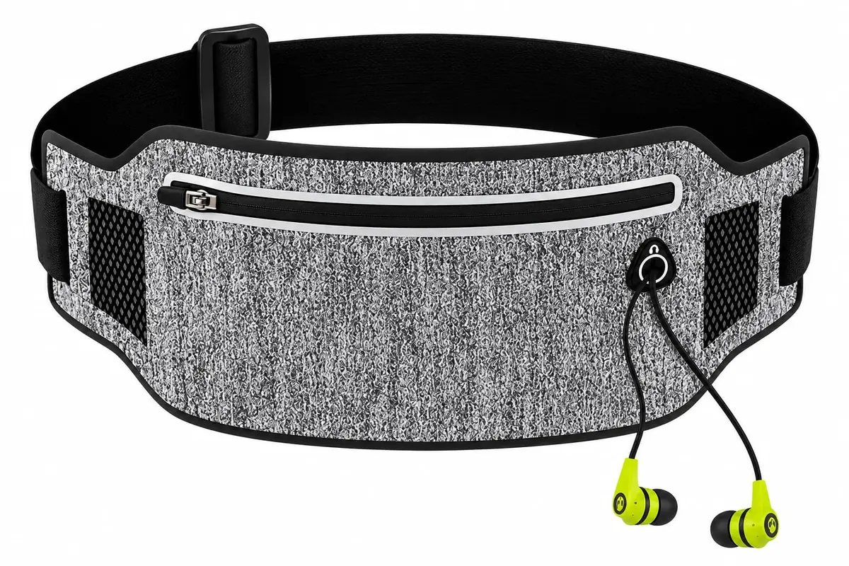 Pochete Slim Impermeável para Corrida e Fitness, com Saída para Fone, Compartimento para Celular, Ajustável, Antifurto, Cinza com Azul