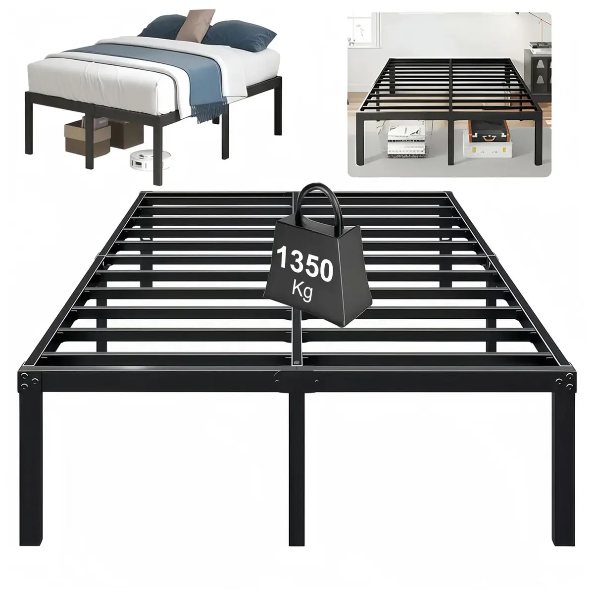 Estrutura De Cama De Metal, Cama de Solteiro Casal, 1350kg de Capacidade, Sem Necessidade de Mola, Silenciosa, Fácil Montagem (Duplo: 190 * 136 * 46cm)