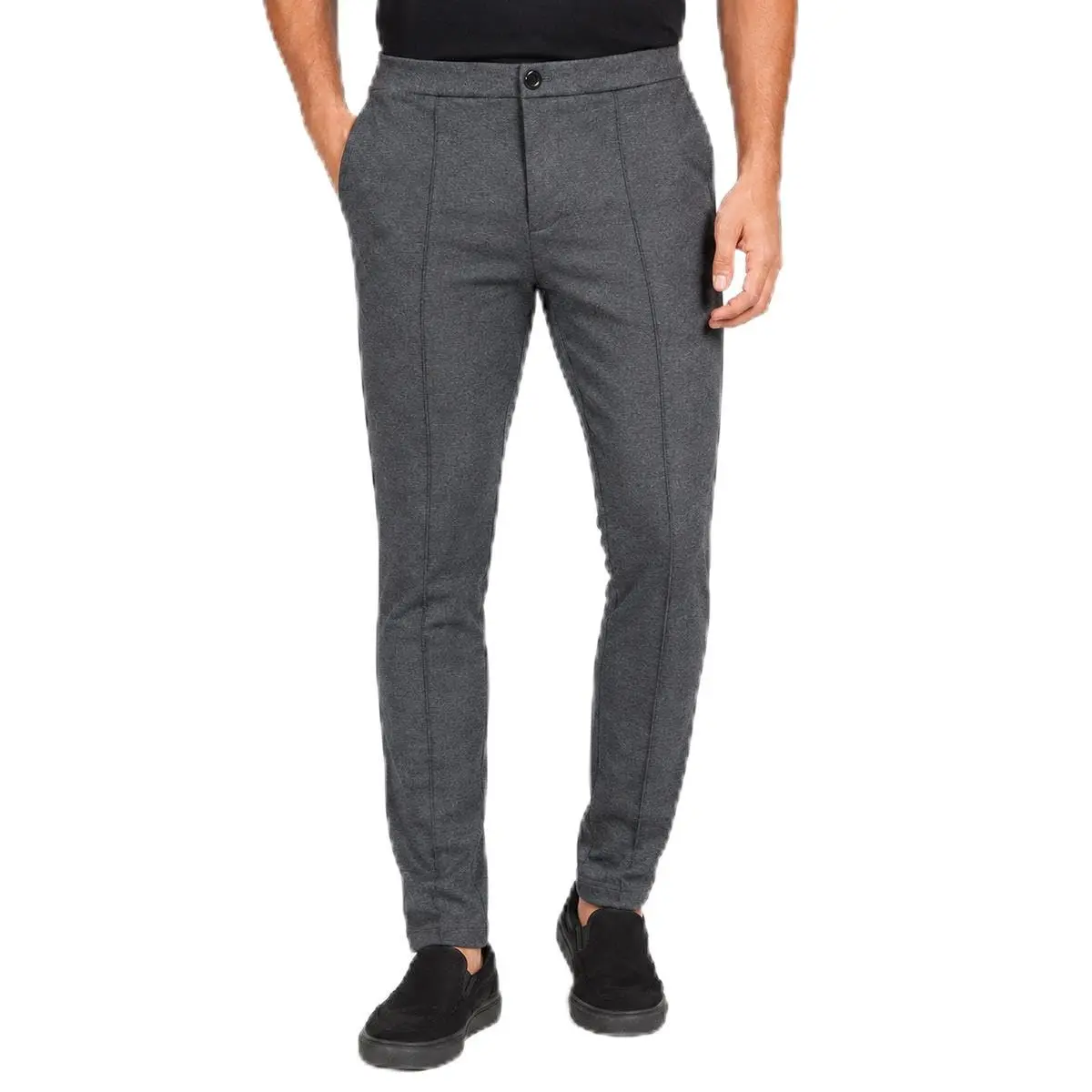 Calça Alfaiataria Masculina Skinny Social Bolsos Funcionais Moletinho Hibrido Botão Frontal Decorativo Poliéster Macio - 1