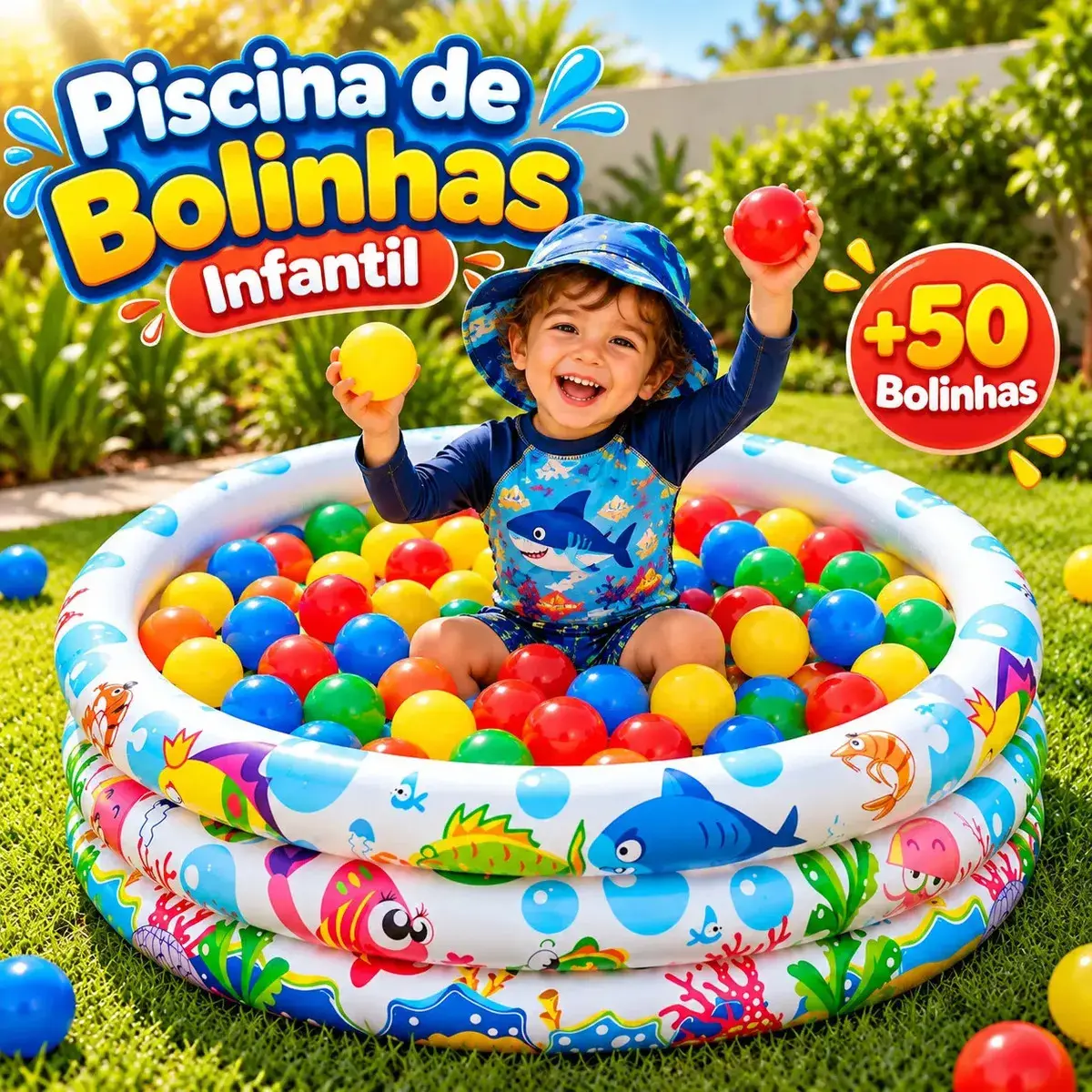 Piscina de Bolinhas Infantil 100 litros Fundo do Mar para Criança com 50 Bolinhas Coloridas para Bebê Brinquedo de Brincar em Casa Quintal Jardim Varanda Área de Lazer Festa Infantil Presente