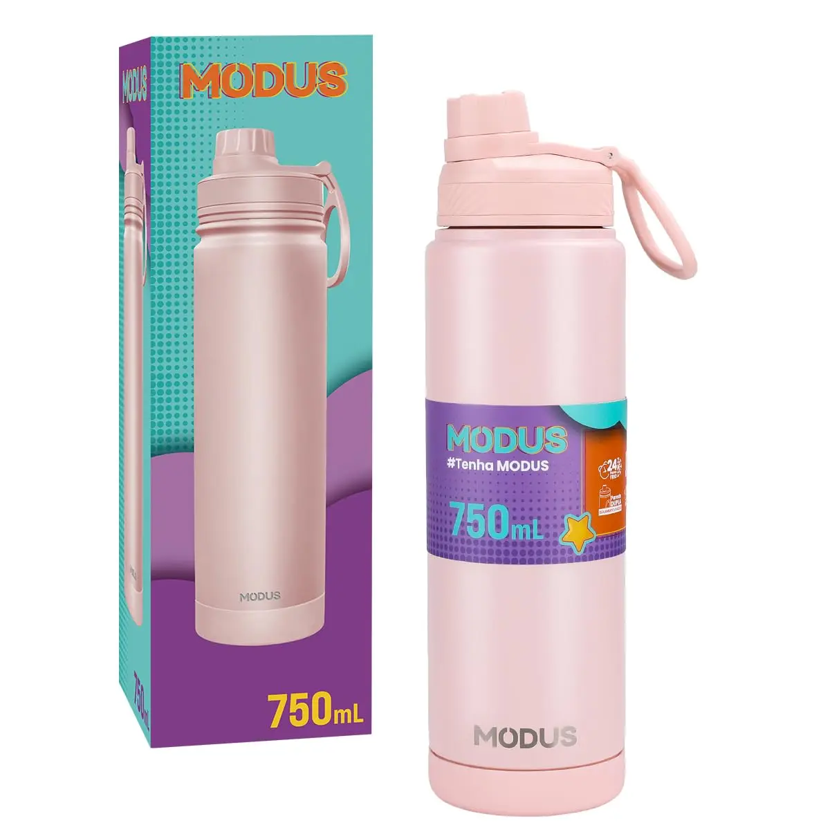 MODUS Garrafa Térmica em Aço Inoxidável 750mL com Alça e Adesivos | com Base Emborrachada Anti Derrapante, Anti Vazamento, Leve e Portátil, Ideal para Academia, Viagem e Trabalho
