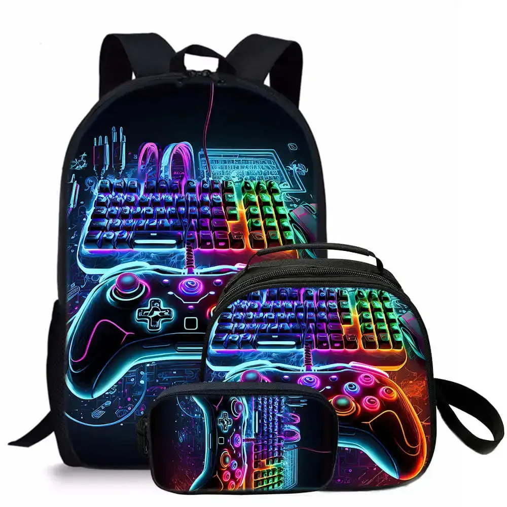 Moda popular novidade game pad 3d impresso 3 pçs/set estudante sacos de escola viagem notebook mochila crossbody almoço saco lápis caso