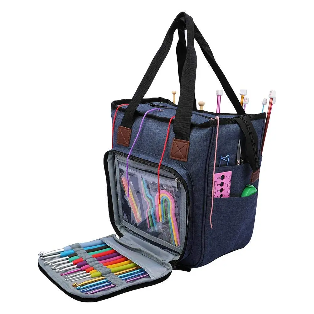 Caredy Bolsa de Tricô com Divisórias Internas para Armazenamento de Fios, Agulhas, Ganchos e Novelos - Azul Jeans