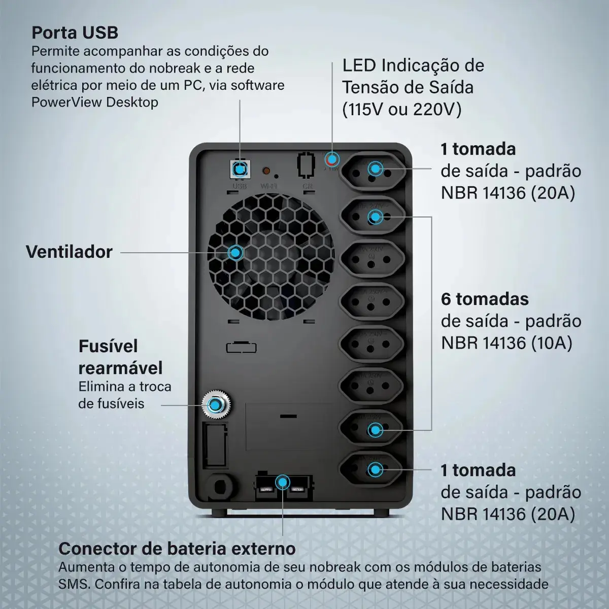 Nobreak SMS GAMER 2000VA Bivolt | Onda Senoidal Pura | Compatível com PFC Ativo | Wi‑Fi e USB | 6 Tomadas 10A e 2 Tomadas 20A | Expansão de Autonomia | Ideal para PC Gamer, Consoles, NAS e Workstation thumbnail 4