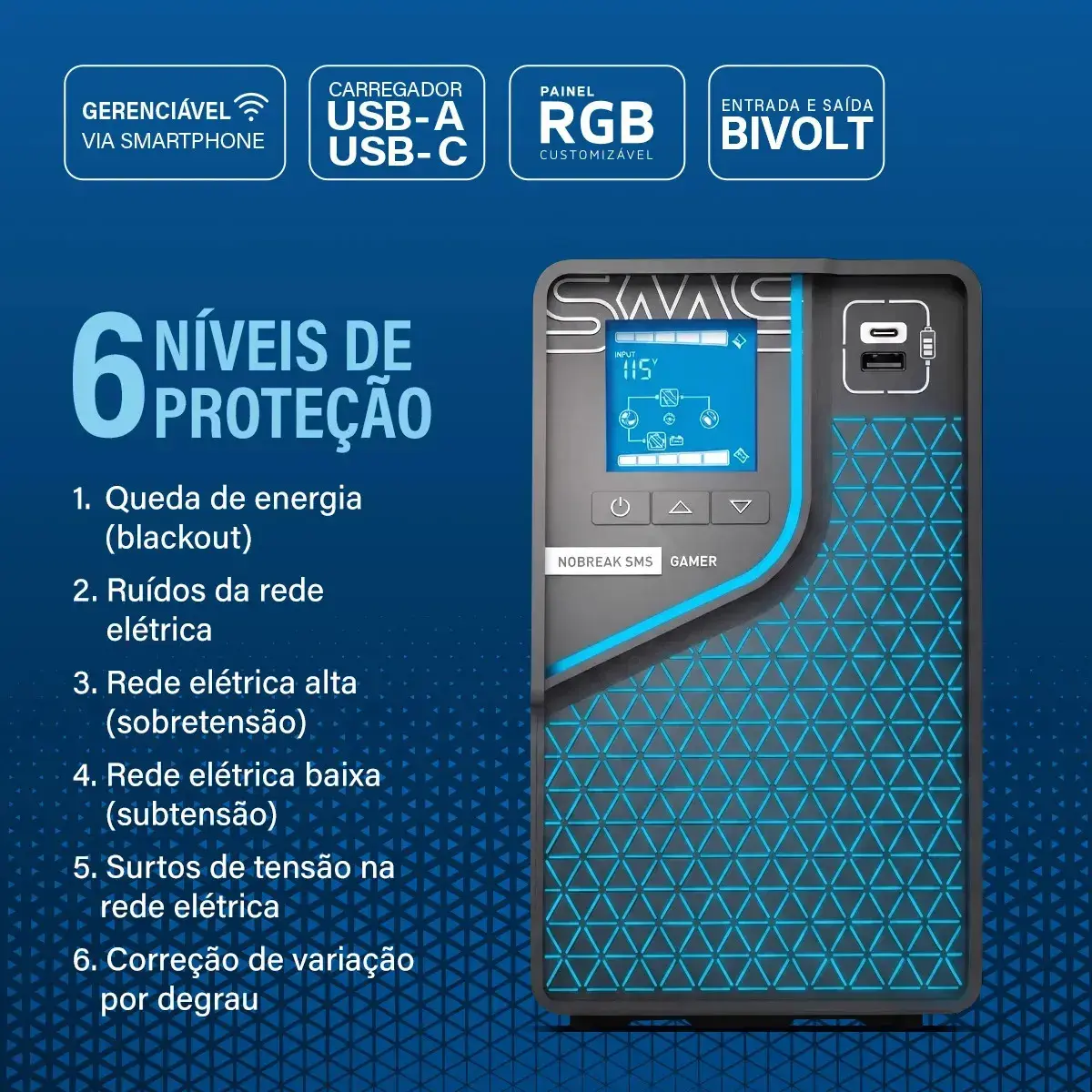 Nobreak SMS GAMER 2000VA Bivolt | Onda Senoidal Pura | Compatível com PFC Ativo | Wi‑Fi e USB | 6 Tomadas 10A e 2 Tomadas 20A | Expansão de Autonomia | Ideal para PC Gamer, Consoles, NAS e Workstation thumbnail 6