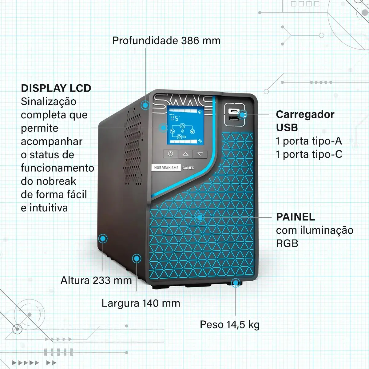 Nobreak SMS GAMER 2000VA Bivolt | Onda Senoidal Pura | Compatível com PFC Ativo | Wi‑Fi e USB | 6 Tomadas 10A e 2 Tomadas 20A | Expansão de Autonomia | Ideal para PC Gamer, Consoles, NAS e Workstation thumbnail 7
