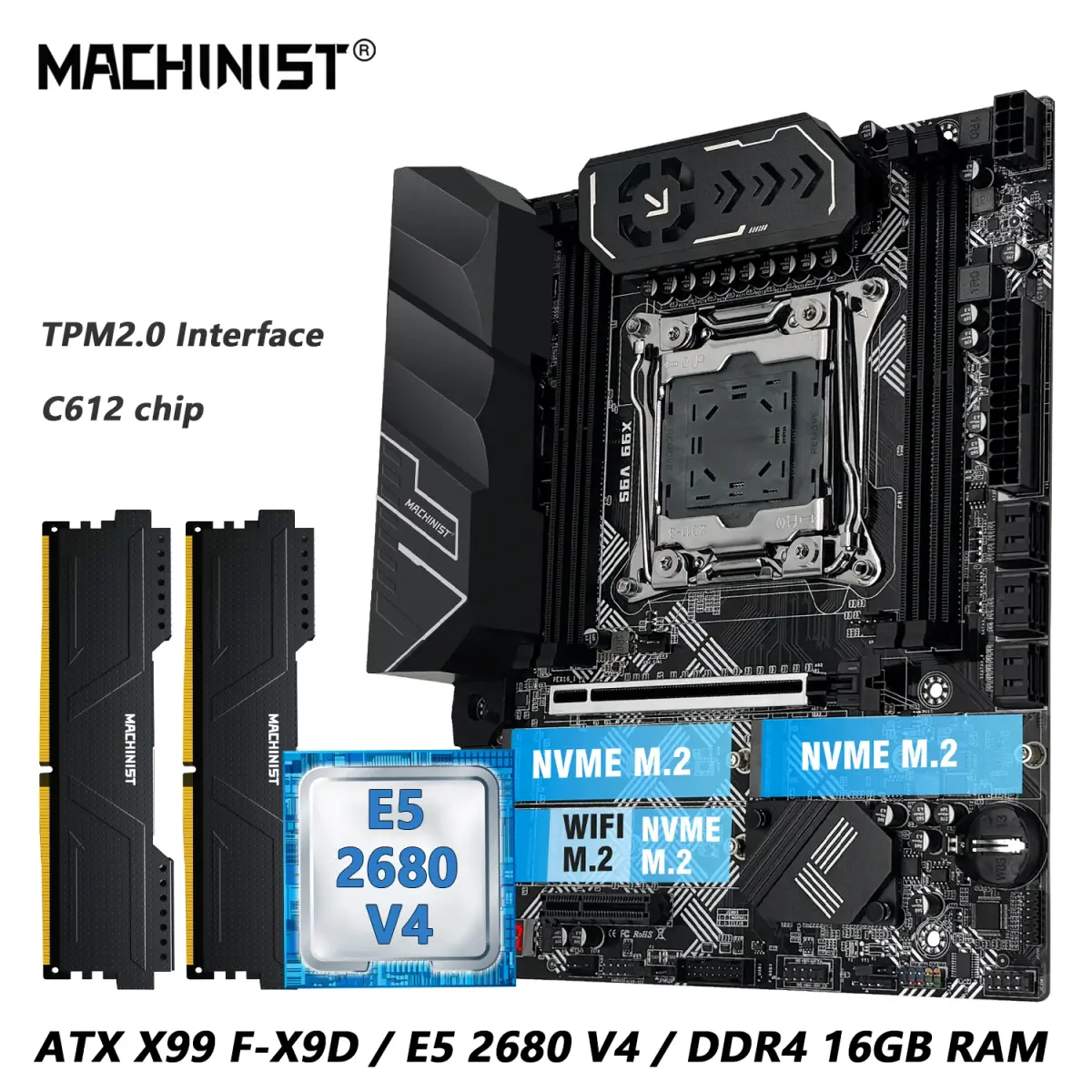 Placa-mãe MACHINIST X99 V9S com Chip C612, Suporte para RAM DDR4 de Quatro Canais, CPU LGA2011-3 com Slot TPM M.2, USB3.0 Blindado Preto - 1
