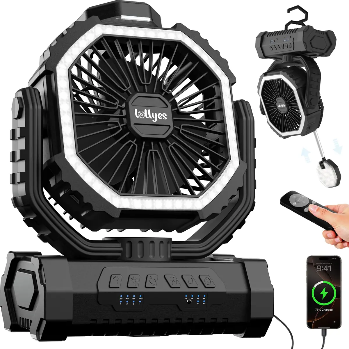 LOLLYES Ventilador de Acampamento Recarregável ar Livre com Luz Bateria de 20000mAh Gancho Giratório 360° 4 Velocidades para uso Interno, Viagens, Barracas, Trailers, Pesca e Praia (Preto)