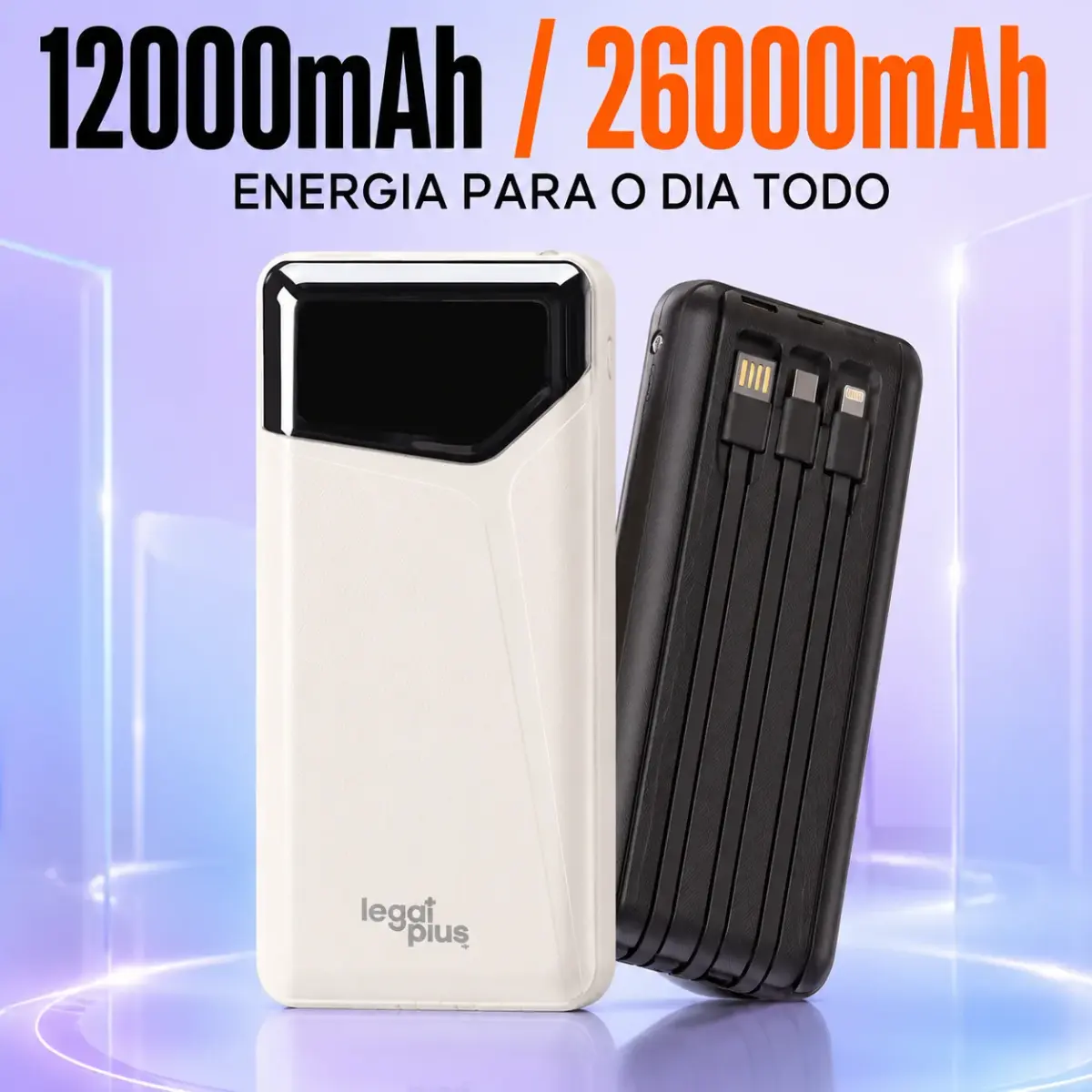 Bateria Portátil 12000mAh e 26000mAh 3 Cabos Tela LED Tipo C Lightning Para Vários Cenários