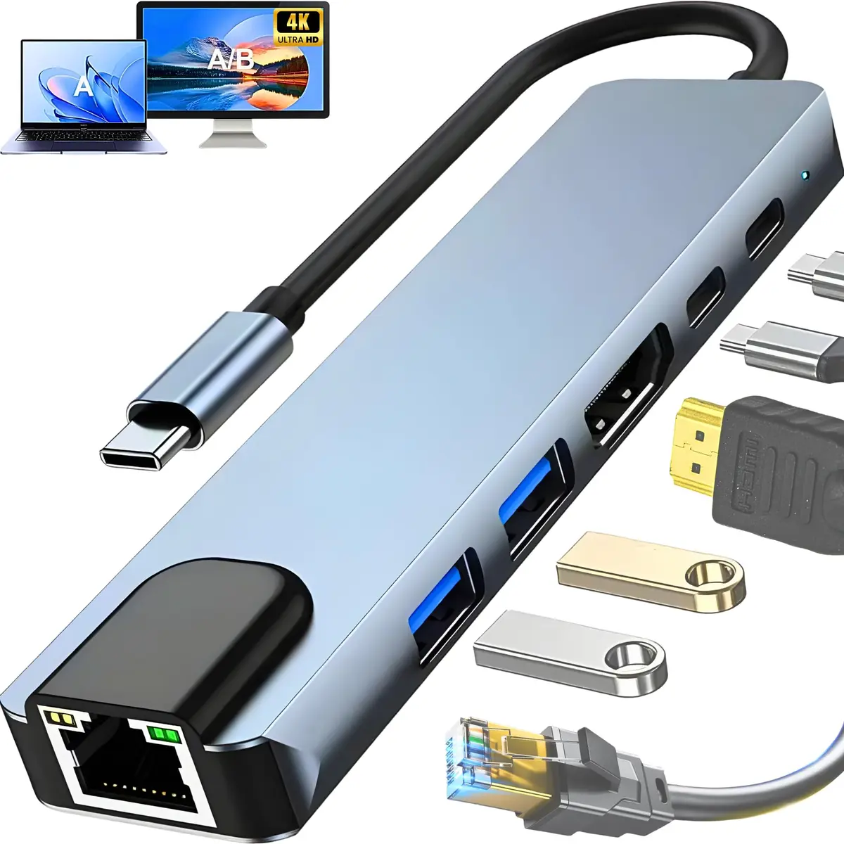Hub USB-C 3.0 Extensor Adaptador Multifunções 6 em 1 - Estrutura Alumínio | 1x (RJ45 Rede Ethernet, HDMI 4K, USB 3.0, USB 2.0, USB-C Dados, PD 100W) - P/ Macbook, Notebook, PC, Ipad, Dex - Plug & Play - 1