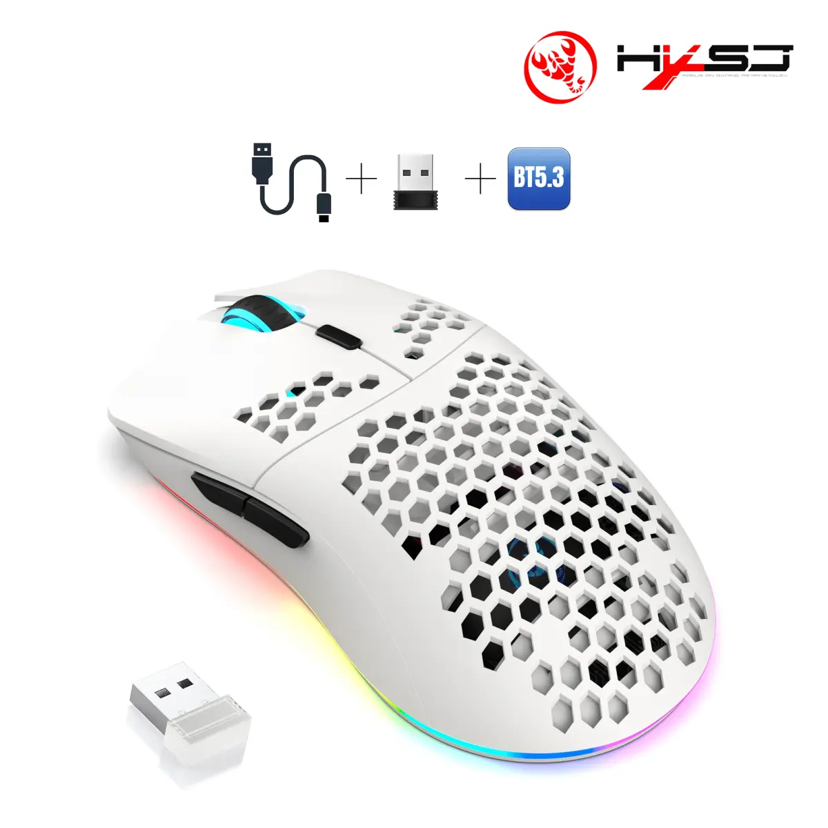 Mouse Gamer Sem Fio HXSJ T66 com 3 Modos, 10000DPI, RGB Luminoso, Bateria Recarregável de 650mAh, 6 Botões Programáveis com Macro para PC Desktop