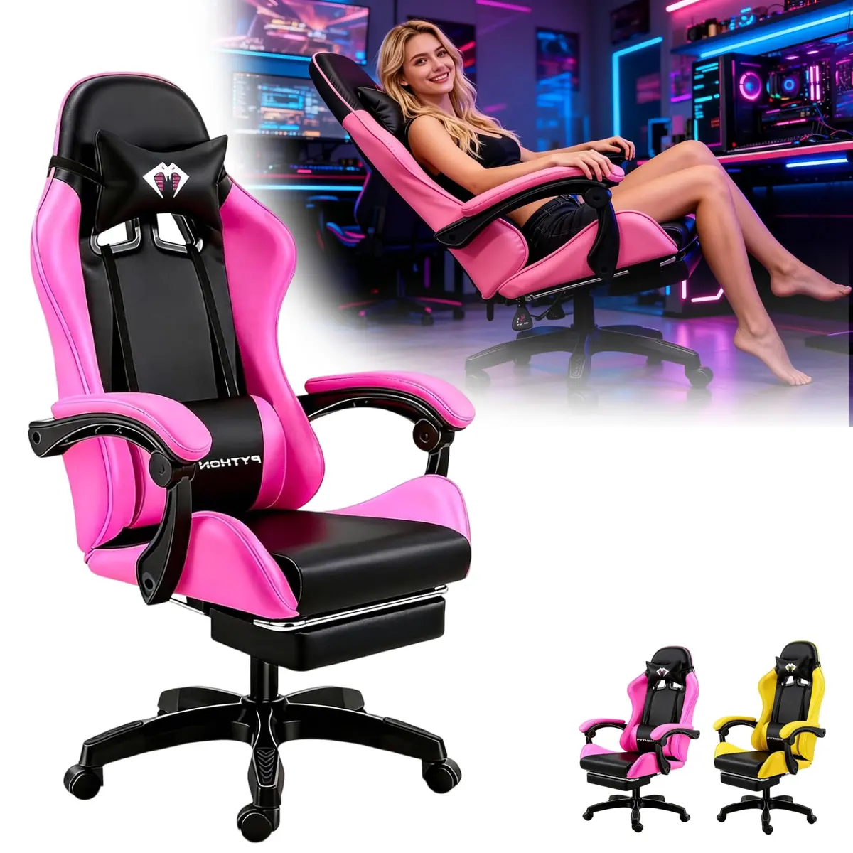 Cadeira Gamer Ergonômica Escritório Reclinável 135° com Apoio de Pé 120Kg | Cadeira Gamer Profissional Cadeira Ergonomica Gamer Altura Ajustável, Home Office, Design Giratório