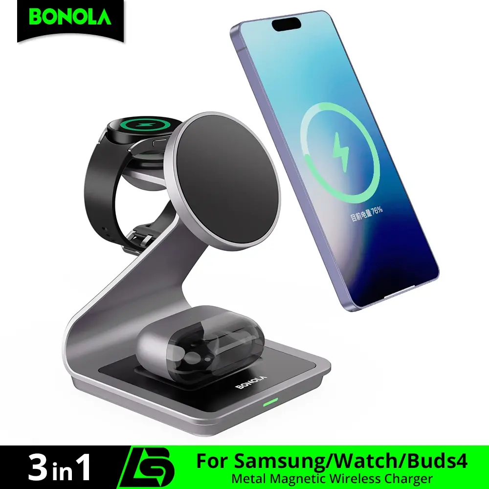 Estação de Carregamento Sem Fio Magnética 3 em 1 Bonola para Samsung S24 Ultra/S25/26, Suporte de Carregamento Rápido para Galaxy Watch 8/7/6/Fones de Ouvido