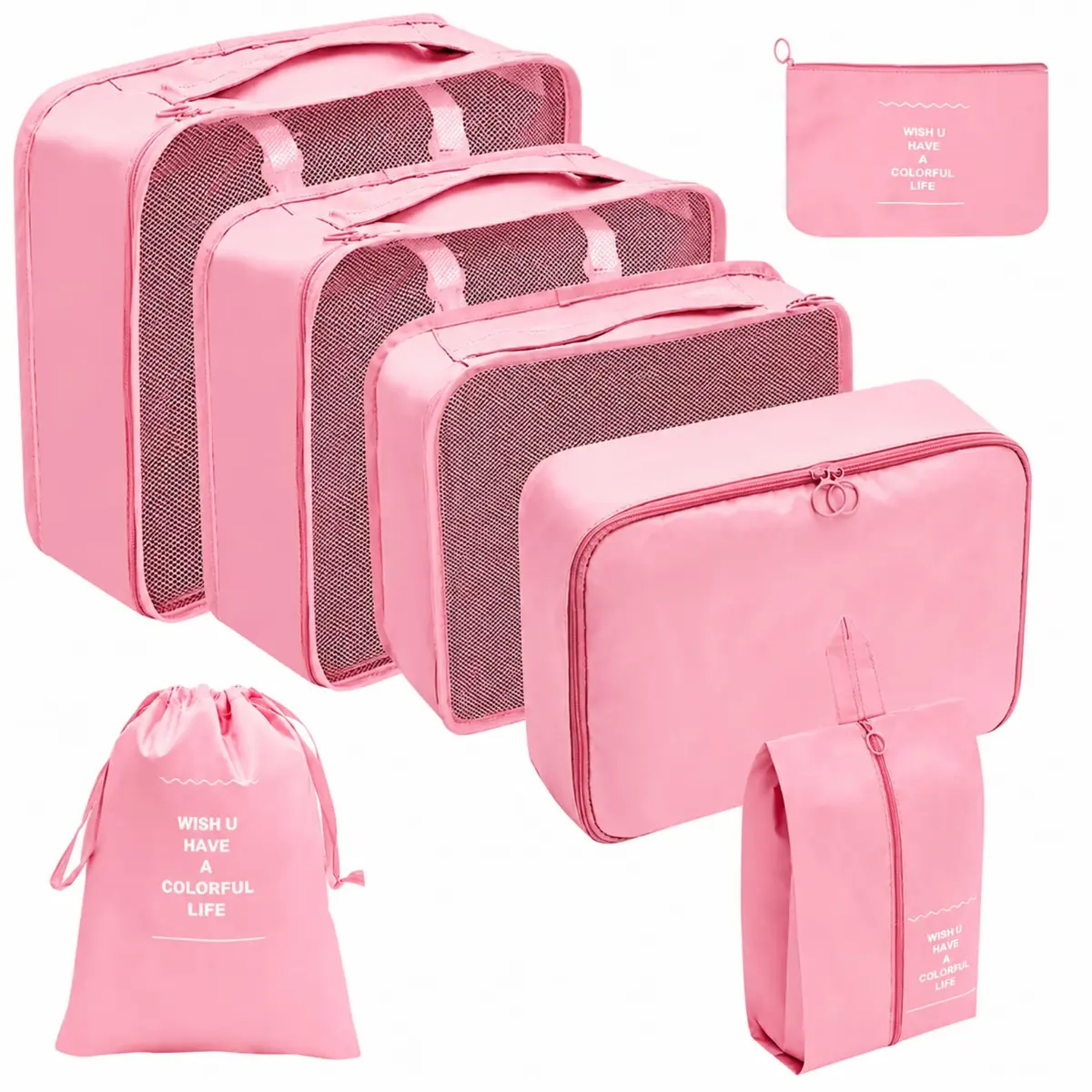 Kit Organizador de Mala 8 Peças Packing Cubes com Compressão Porta Sapatos Necessaire Transparente Roupas Sujas para Viagem (Rosa 7 peças)