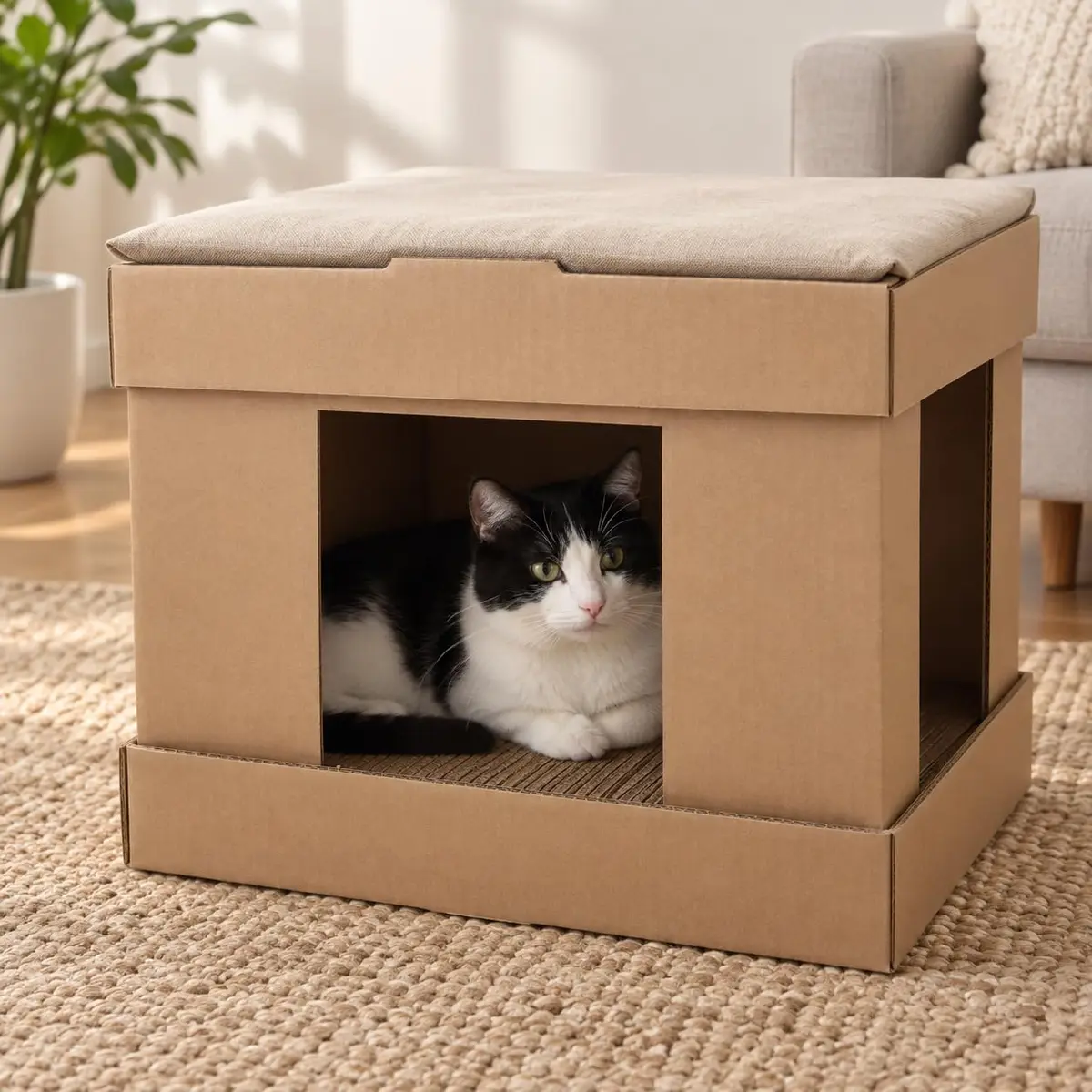 Casa para Gato 2 em 1 com Arranhador e Almofada Modelo Kubo Resistente | Papelão tripla gramatura resistente