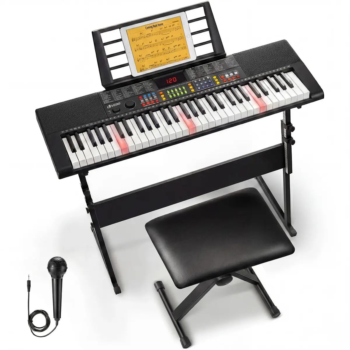 VEDO Teclado Musical, 61 Teclas Retroiluminado, 256 Tons, 256 Ritmos, 25 CançõEs de DemonstraçãO, 2 Modelo de Ensino, Com Suporte Para Piano, Microfone, AjustáVel Banco Para Piano - 1