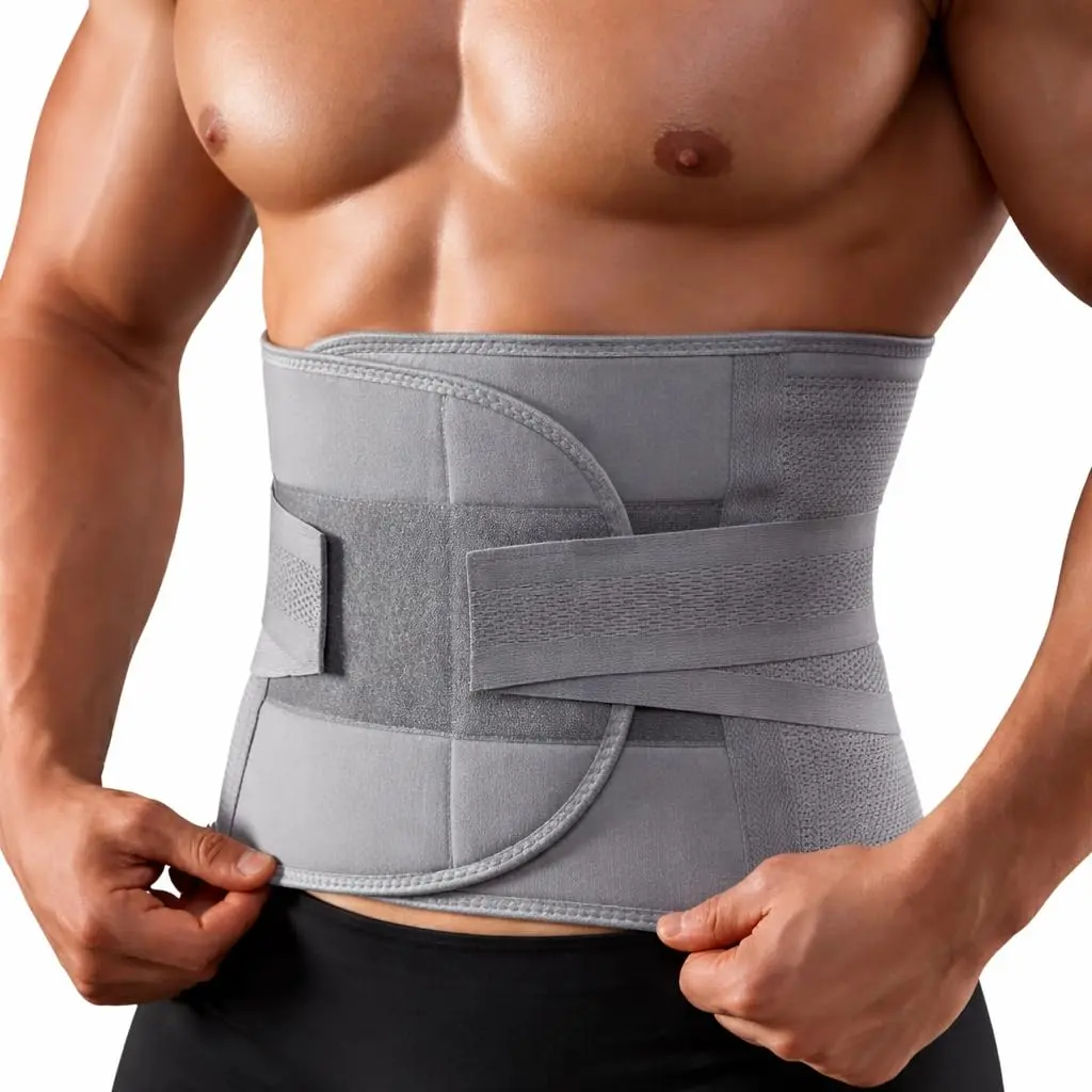 Cinta Modeladora Masculina Abdominal Dupla Compressão, Suporte Lombar, Cinza, Ajustável, para Dores nas Costas e Hérnia de Disco