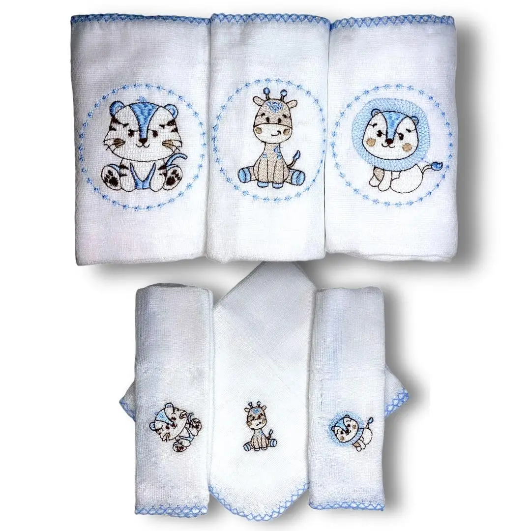 Kit SAFARI com 6 Fraldas De Pano Bordadas (3 De Ombro + 3 De Boca) (AZUL)
