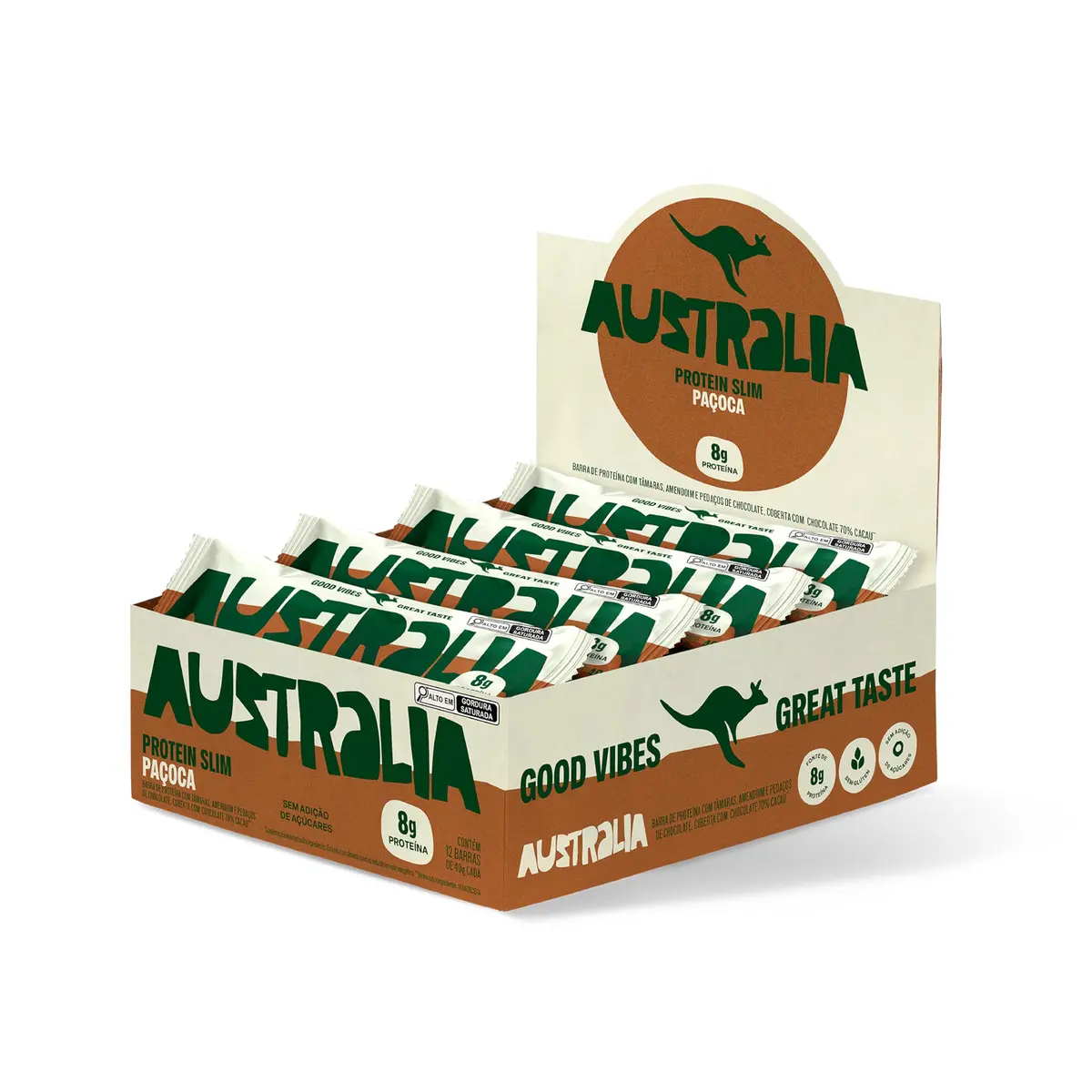 Australia Protein Slim Paçoca, Barra de Proteína com 8g de Proteína, Sem Adição de Açúcares, Sem Glúten, Display com 12 unidades