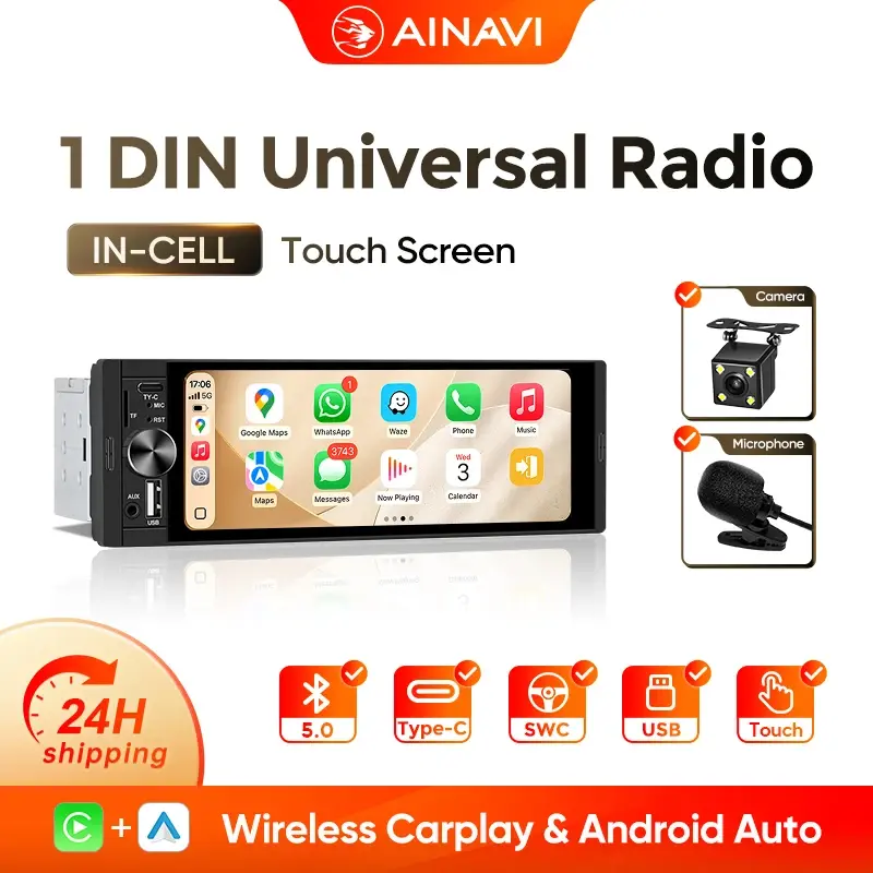 AINAVI 1 DIN Carplay Rádio Automotivo Android Auto Universal Multimídia Automotiva MP5 Tela Sensível ao Toque HD IPS 1280*480 Monitor Full In-Cell TECH Câmera Traseira CVBS Estéreo Automotivo 1Din Envio da França Chega em 2-7 Dias Rádio de 6.36 Polegadas