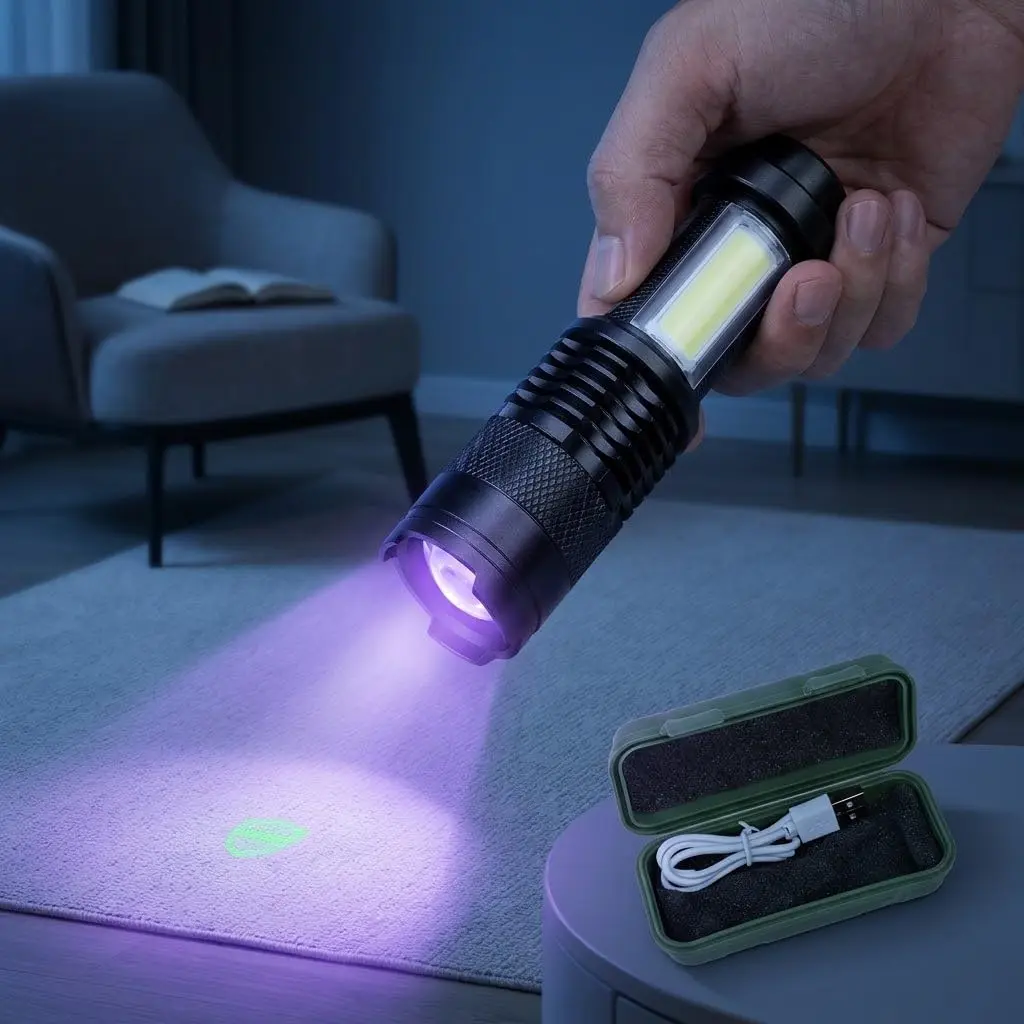 Lanterna UV LED 395nm Recarregável USB com Luz COB Lateral | Detectar Manchas de Urina Pet, Escorpiões, Documentos e Dinheiro, Vazamentos, Inspeção Profissional