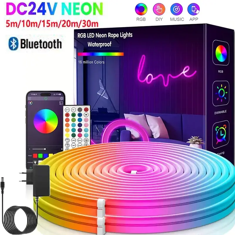 Fita de LED Neon RGB 3535 com Plugue EU DC24V 5/10/15/20/30M, Sincronização de Música Bluetooth, Luz Neon à Prova d'Água para Decoração Interna e Externa