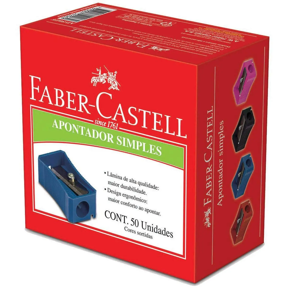 Apontador Simples 4 Cores Sortidas 50 Unidades, Faber-Castell, Multicor, AP/50ZF