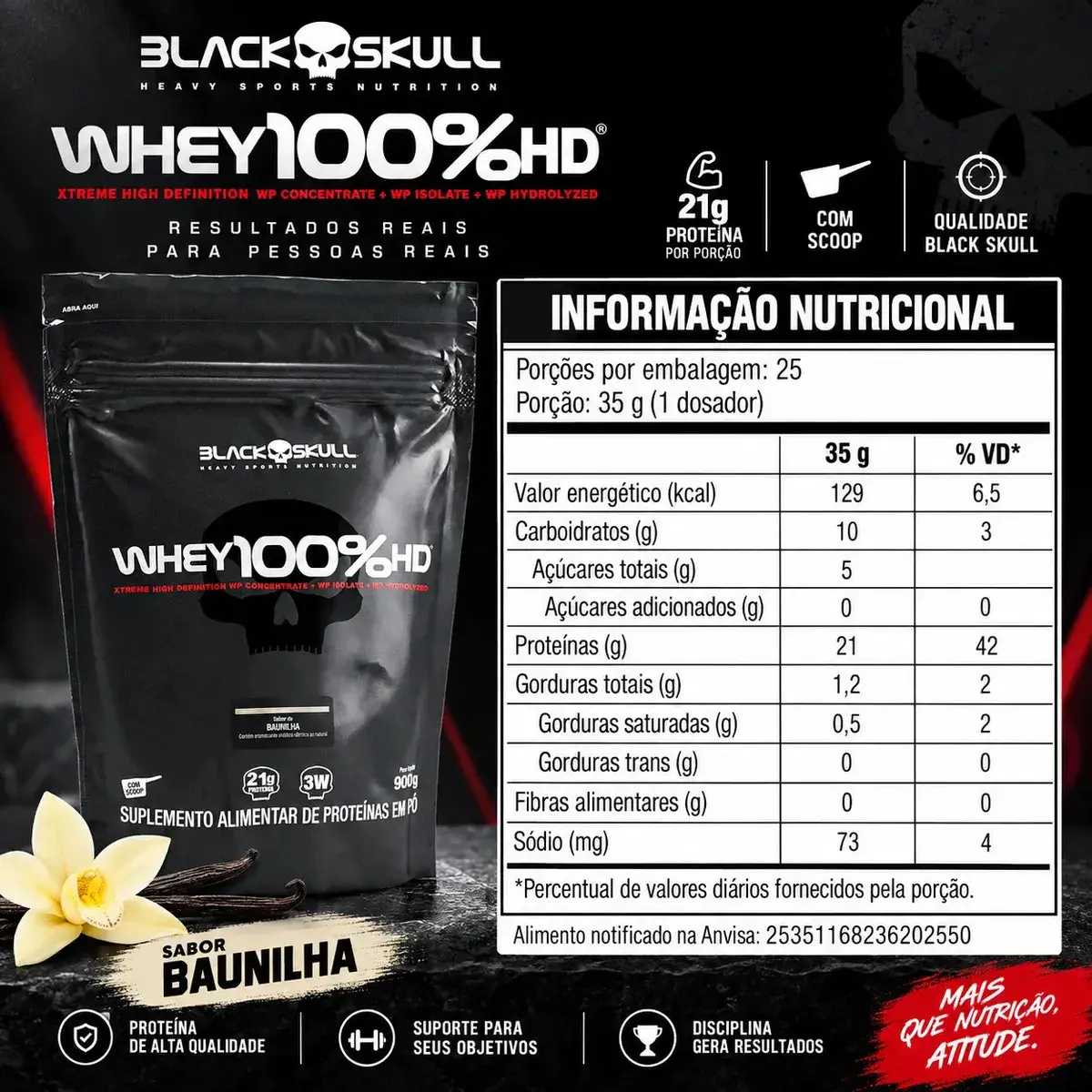 Proteína Black Skull Whey 100% HD em pó sabor Baunilha x 900g thumbnail 2